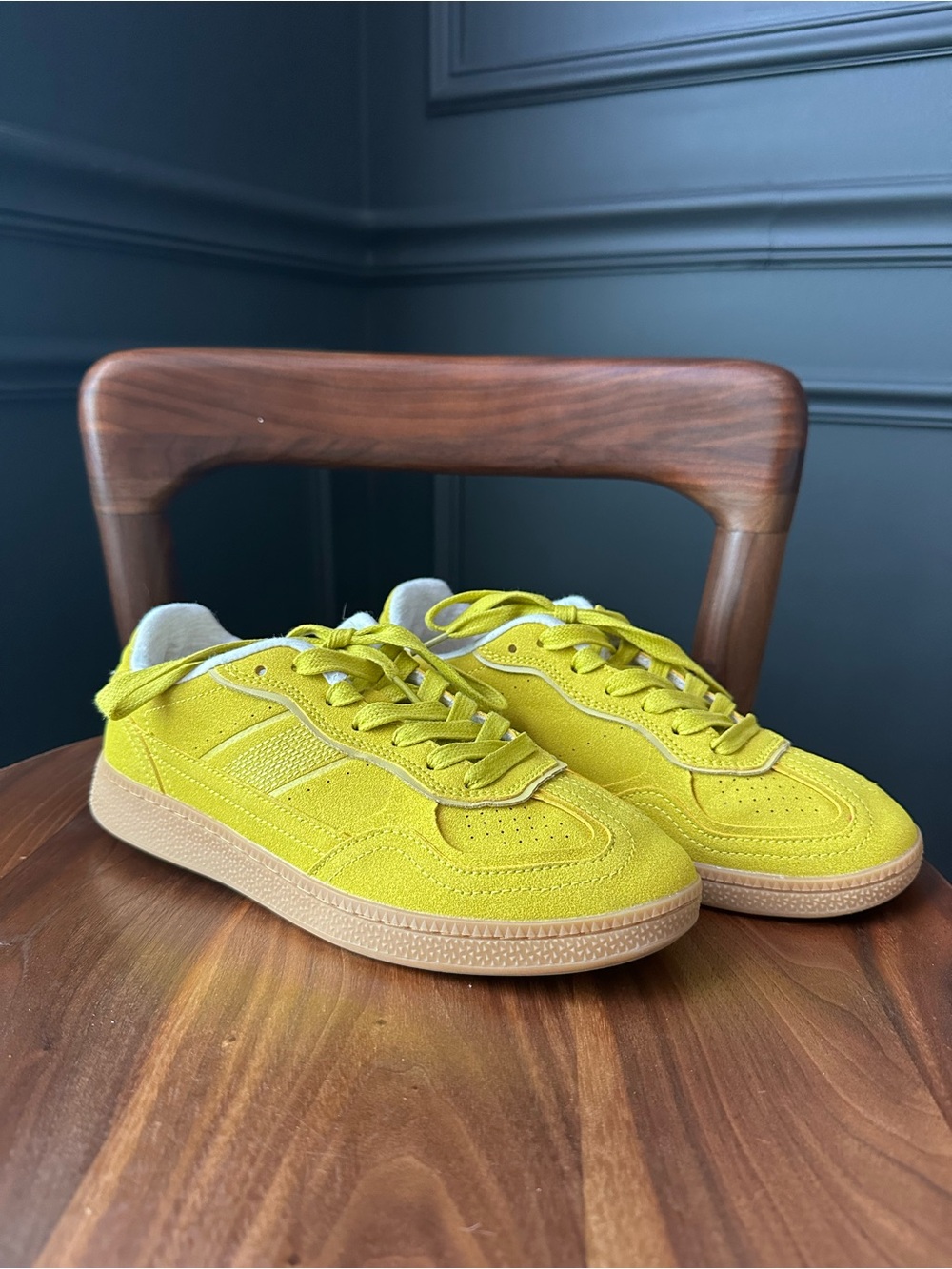 CUSHIONAIRE Women’s Yellow Faux Suede Sneakers - Casual Lace-Up Shoes, 7